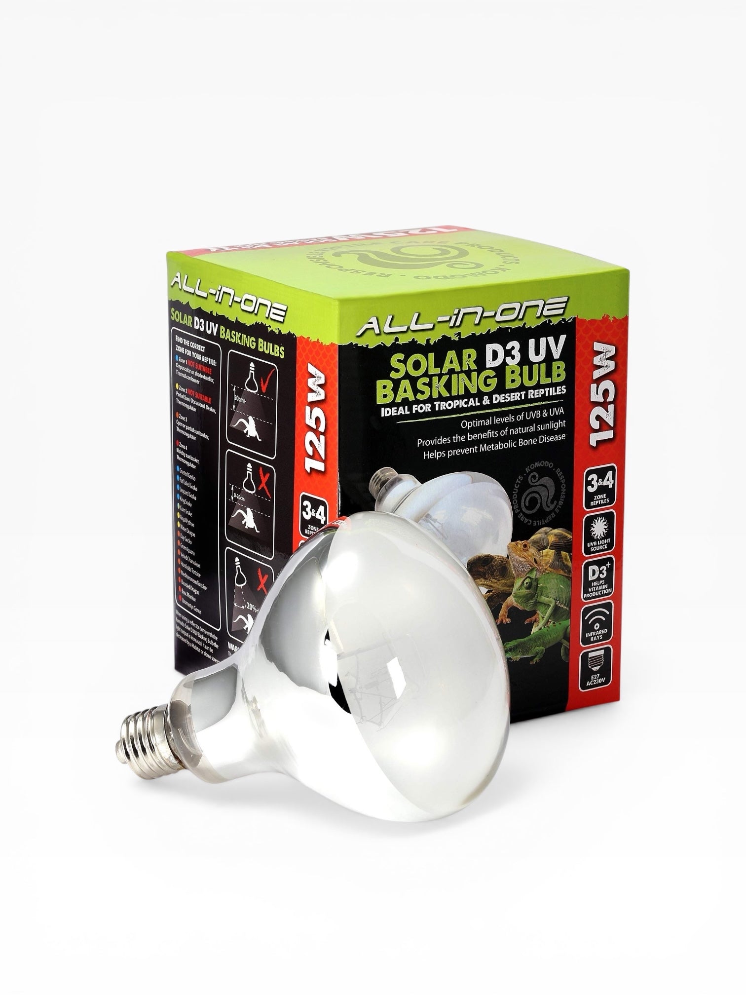 Komodo Solar D3 UV Basking Bulb Heat and Light Bulb for Desert & Tropical Reptile Habitats, Terrarium & Vivarium Lighting 125W